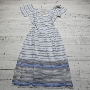 Tommy Bahama Dress Womens Small White Blue Linen Cotton Off Shoulder Stripe Maxi